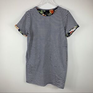 Joh Striped Cotton‎ Blend T-Shirt Dress w/Floral Sleeve Accents Front Pockets